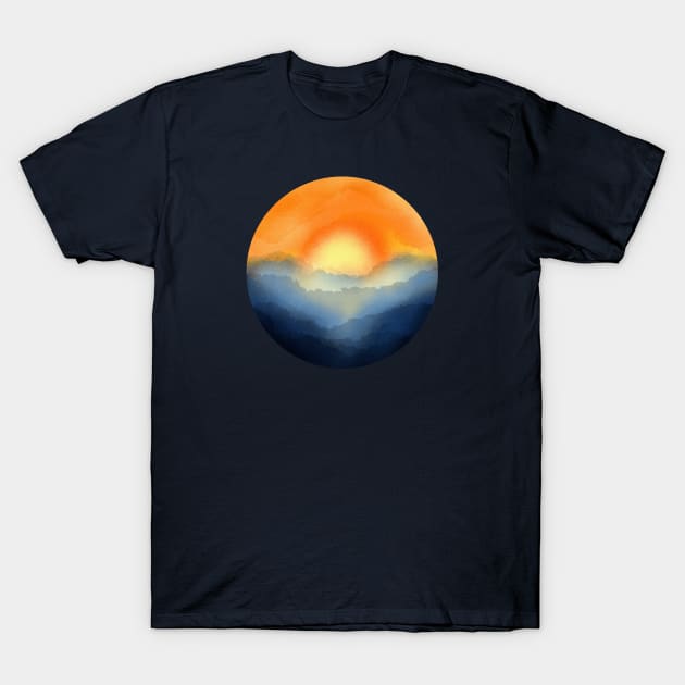 Vibrant Sun Rising Over The Mountains Abstract Digital WaterColor Art T-Shirt by Insightly Designs